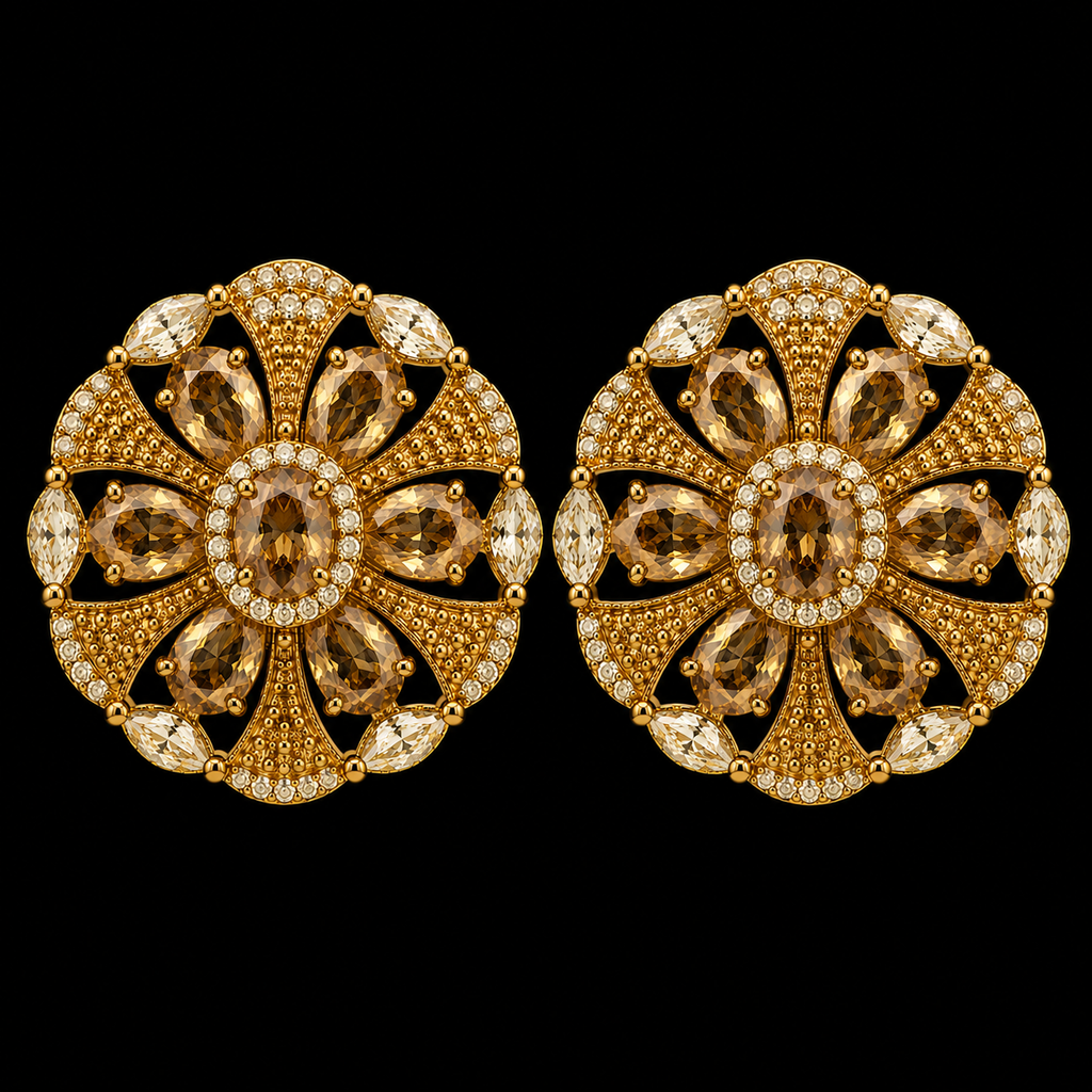 Gold Plated Smoky Quartz CZ Floral Wheel Stud Earrings – Vintage Statement Tops | أقراط زركون دائرية عتيقة