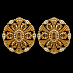 Gold Plated Smoky Quartz CZ Floral Wheel Stud Earrings – Vintage Statement Tops | أقراط زركون دائرية عتيقة