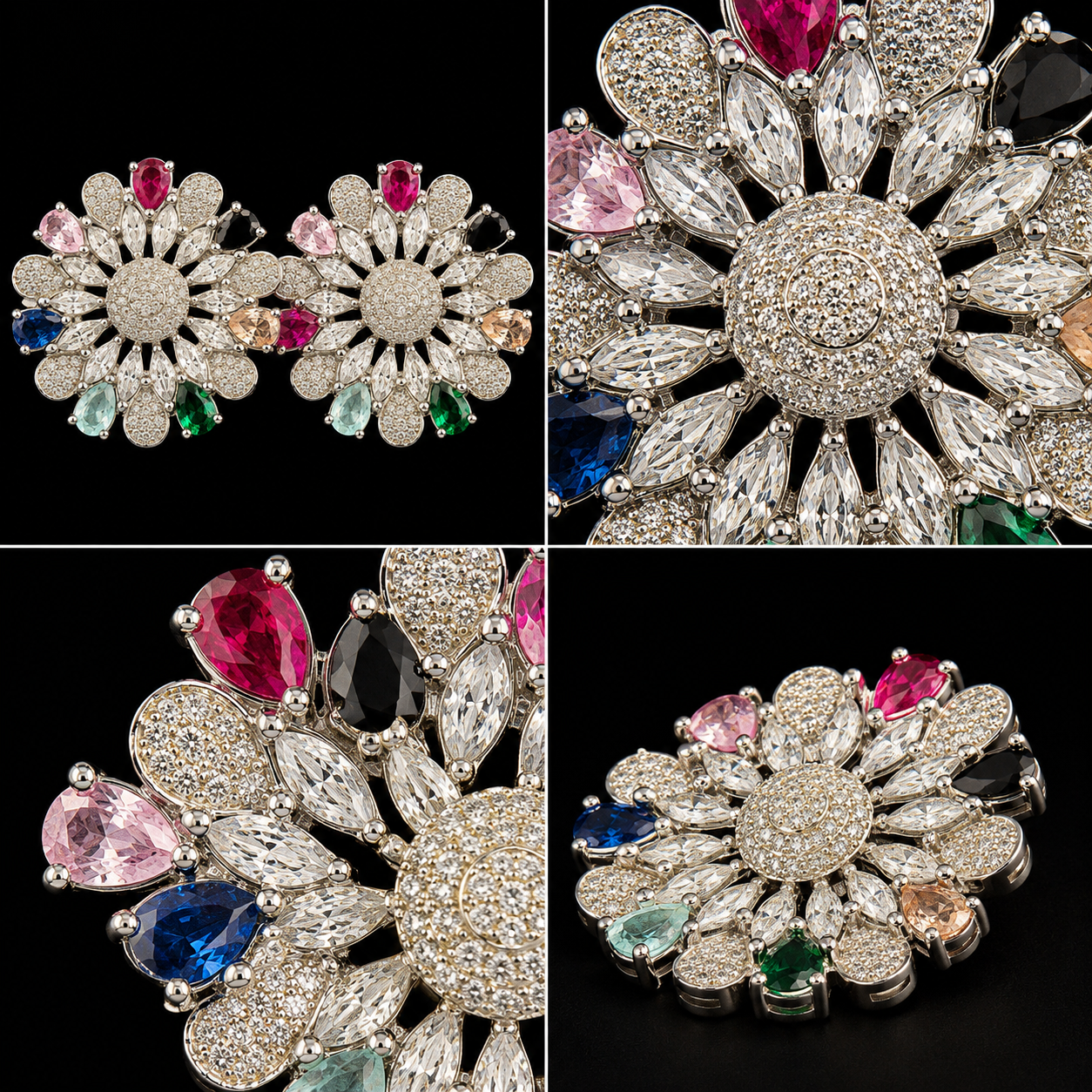 Silver Plated Multi-Color CZ Kaleidoscope Stud Earrings – Luxury Floral Mosaic Statement Tops | أقراط زركون ملونة فاخرة