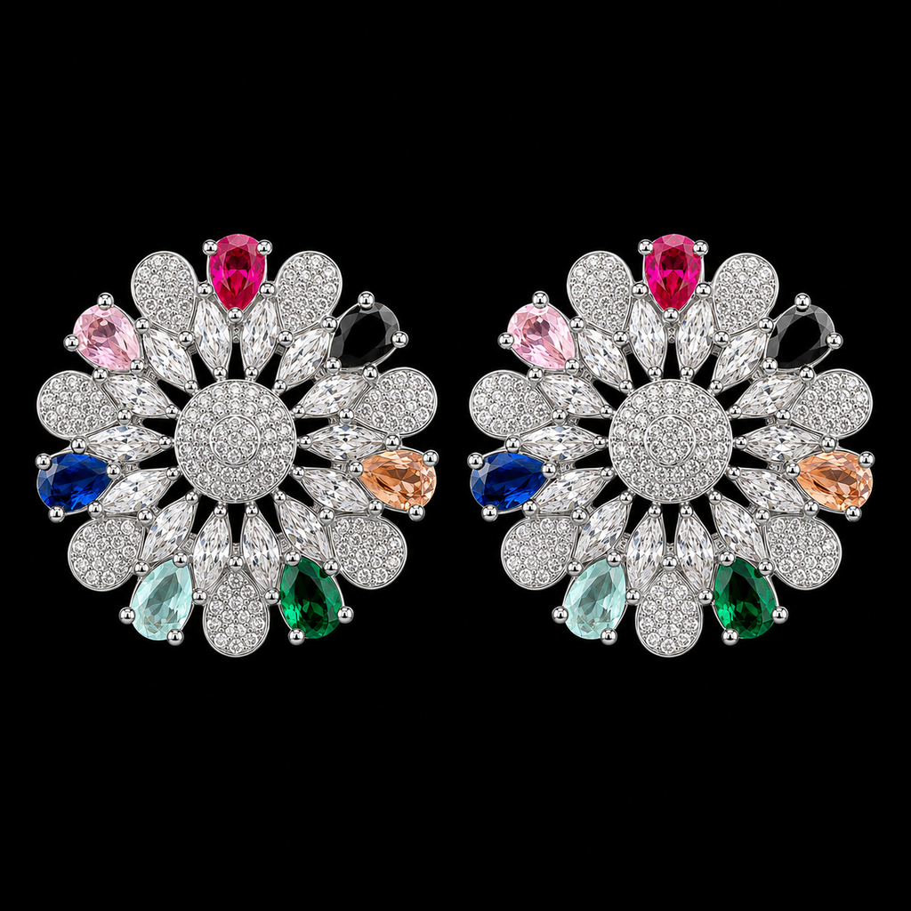 Silver Plated Multi-Color CZ Kaleidoscope Stud Earrings – Luxury Floral Mosaic Statement Tops | أقراط زركون ملونة فاخرة