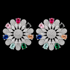 Silver Plated Multi-Color CZ Kaleidoscope Stud Earrings – Luxury Floral Mosaic Statement Tops | أقراط زركون ملونة فاخرة