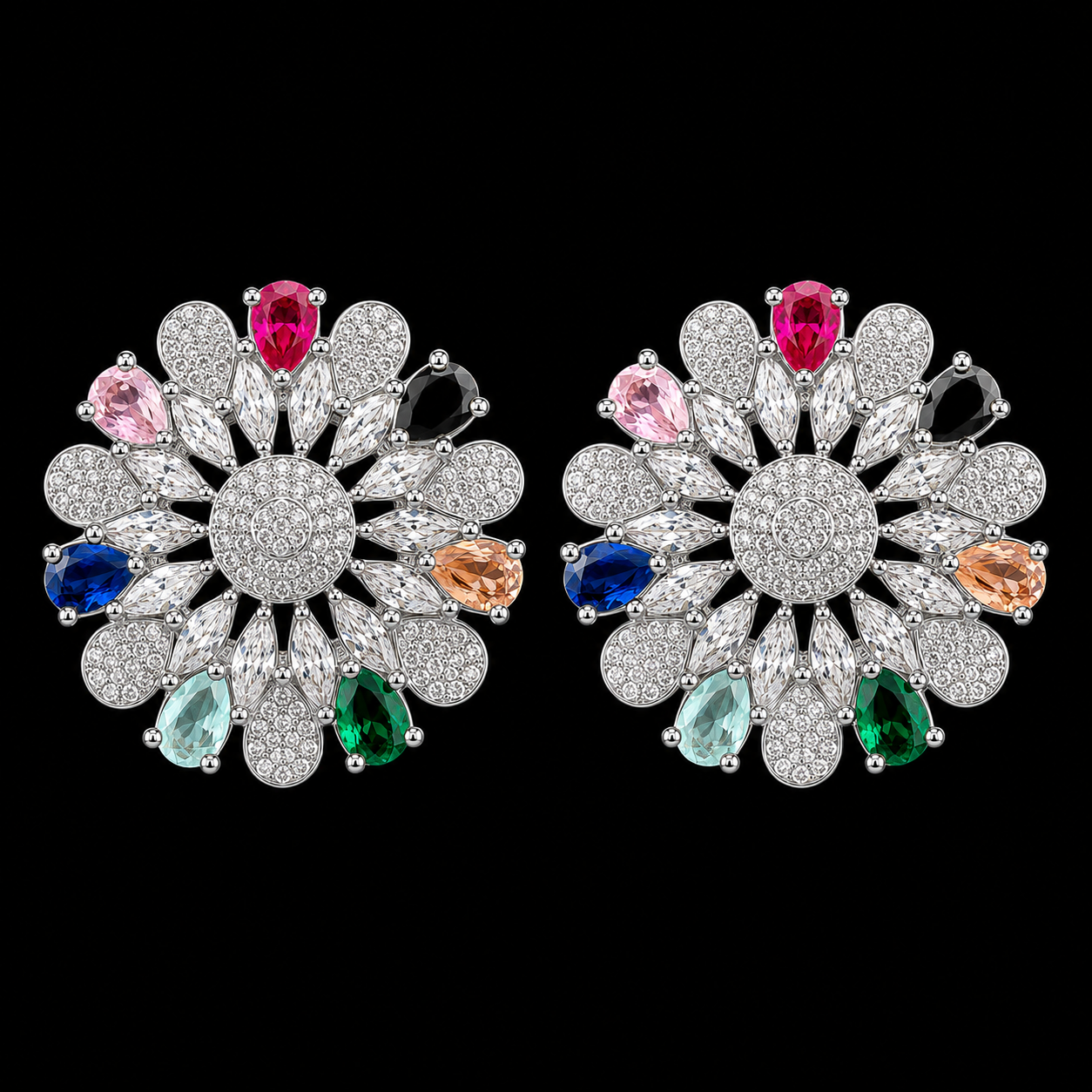 Silver Plated Multi-Color CZ Kaleidoscope Stud Earrings – Luxury Floral Mosaic Statement Tops | أقراط زركون ملونة فاخرة