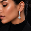 Silver Rhodium CZ Baguette Hoop Drop Ball Earrings – Luxury Disco Orb Danglers | أقراط زركون دائرية متدلية