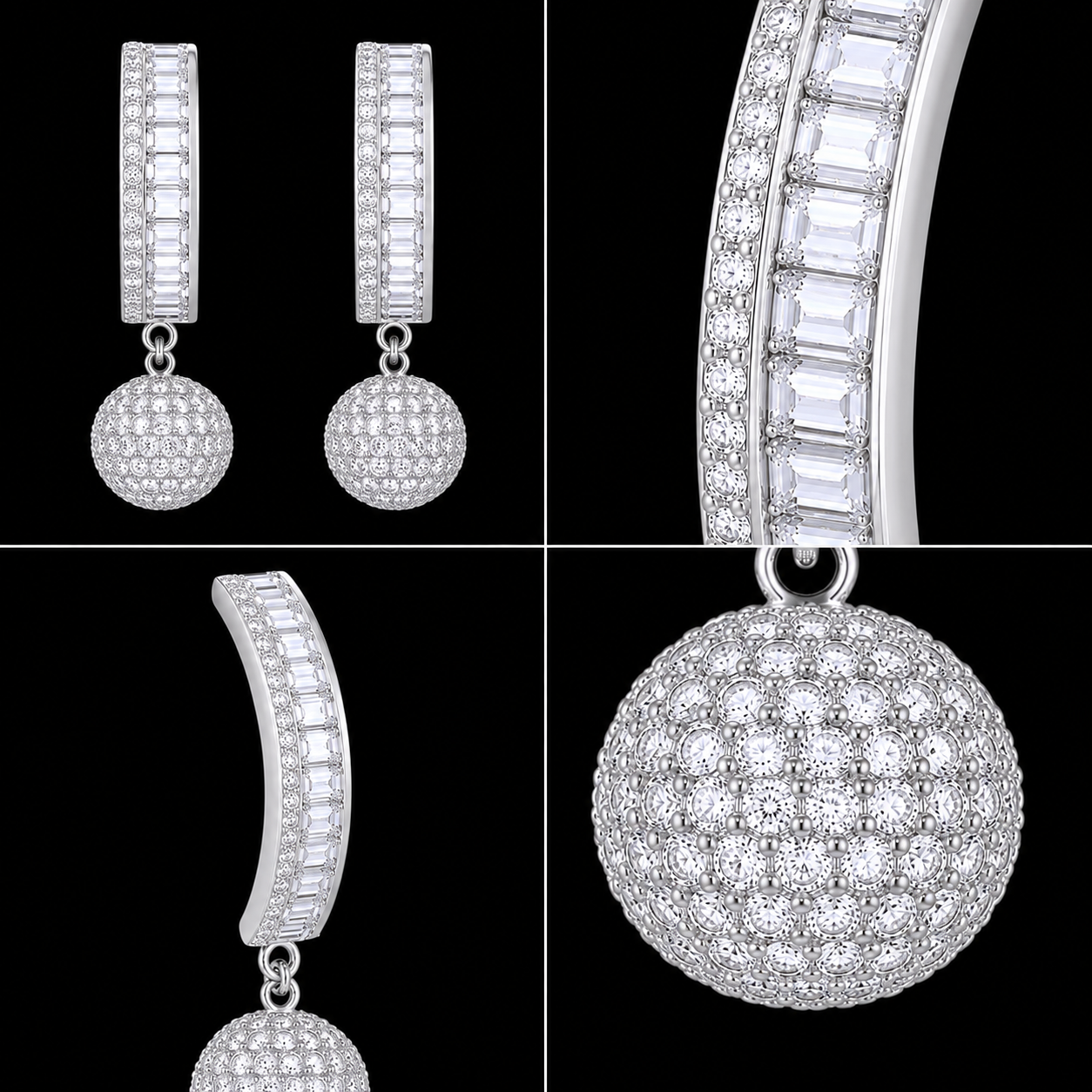 Silver Rhodium CZ Baguette Hoop Drop Ball Earrings – Luxury Disco Orb Danglers | أقراط زركون دائرية متدلية