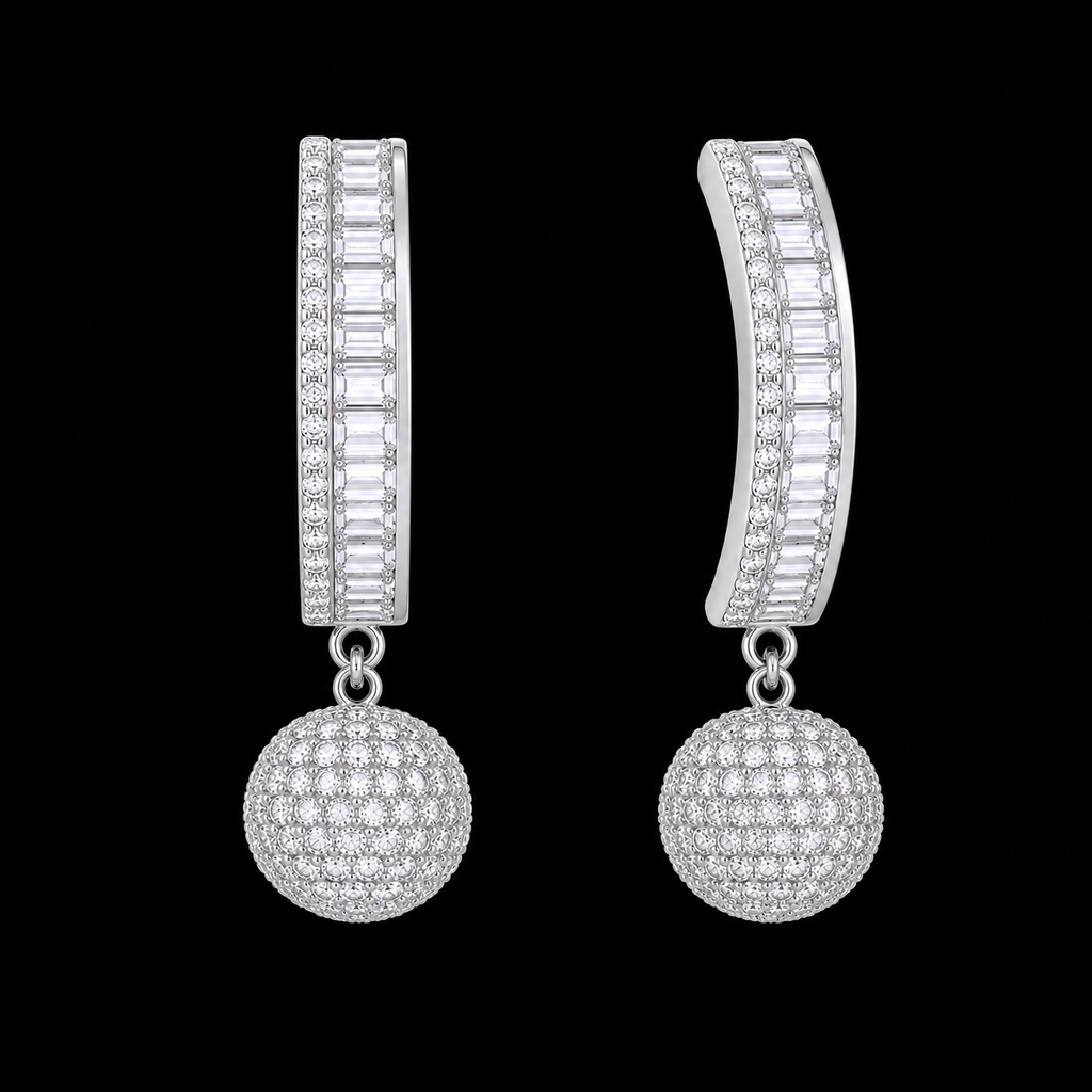 Silver Rhodium CZ Baguette Hoop Drop Ball Earrings – Luxury Disco Orb Danglers | أقراط زركون دائرية متدلية