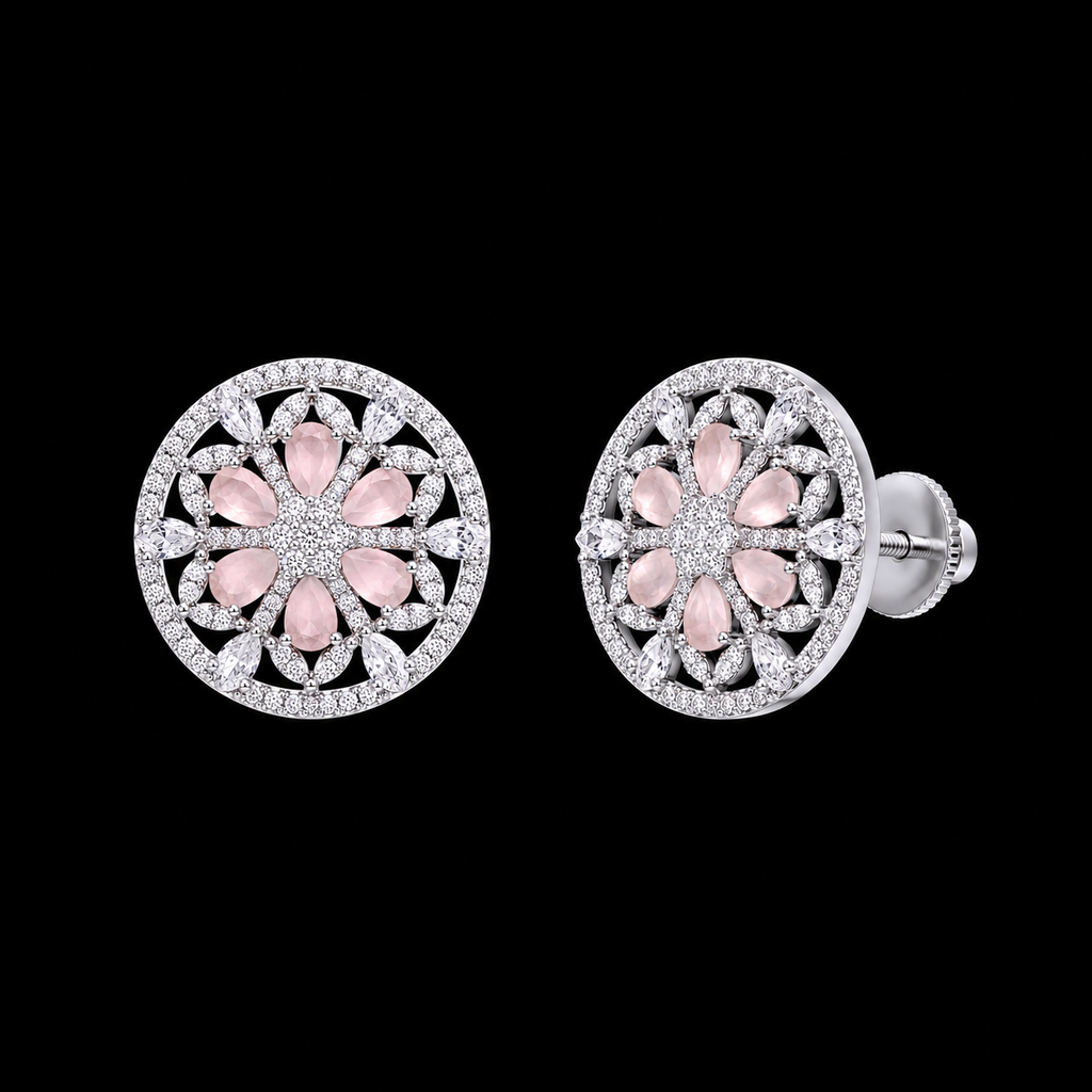 Silver Rhodium Pink Rose Quartz CZ Mandala Stud Earrings – Luxury Round Wheel Tops | أقراط زركون دائرية وردية