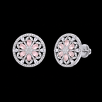 Silver Rhodium Pink Rose Quartz CZ Mandala Stud Earrings – Luxury Round Wheel Tops | أقراط زركون دائرية وردية
