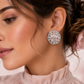 Silver Rhodium Pink Rose Quartz CZ Mandala Stud Earrings – Luxury Round Wheel Tops | أقراط زركون دائرية وردية