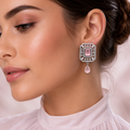 Silver Rhodium Pink Quartz CZ Emerald-Cut Stud Earrings – Luxury Geometric Drop Tops | أقراط زركون وردية