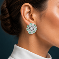 Silver Rhodium Mint Green CZ Sunburst Stud Earrings – Luxury Round Sunflower Tops | أقراط زركون دائرية خضراء