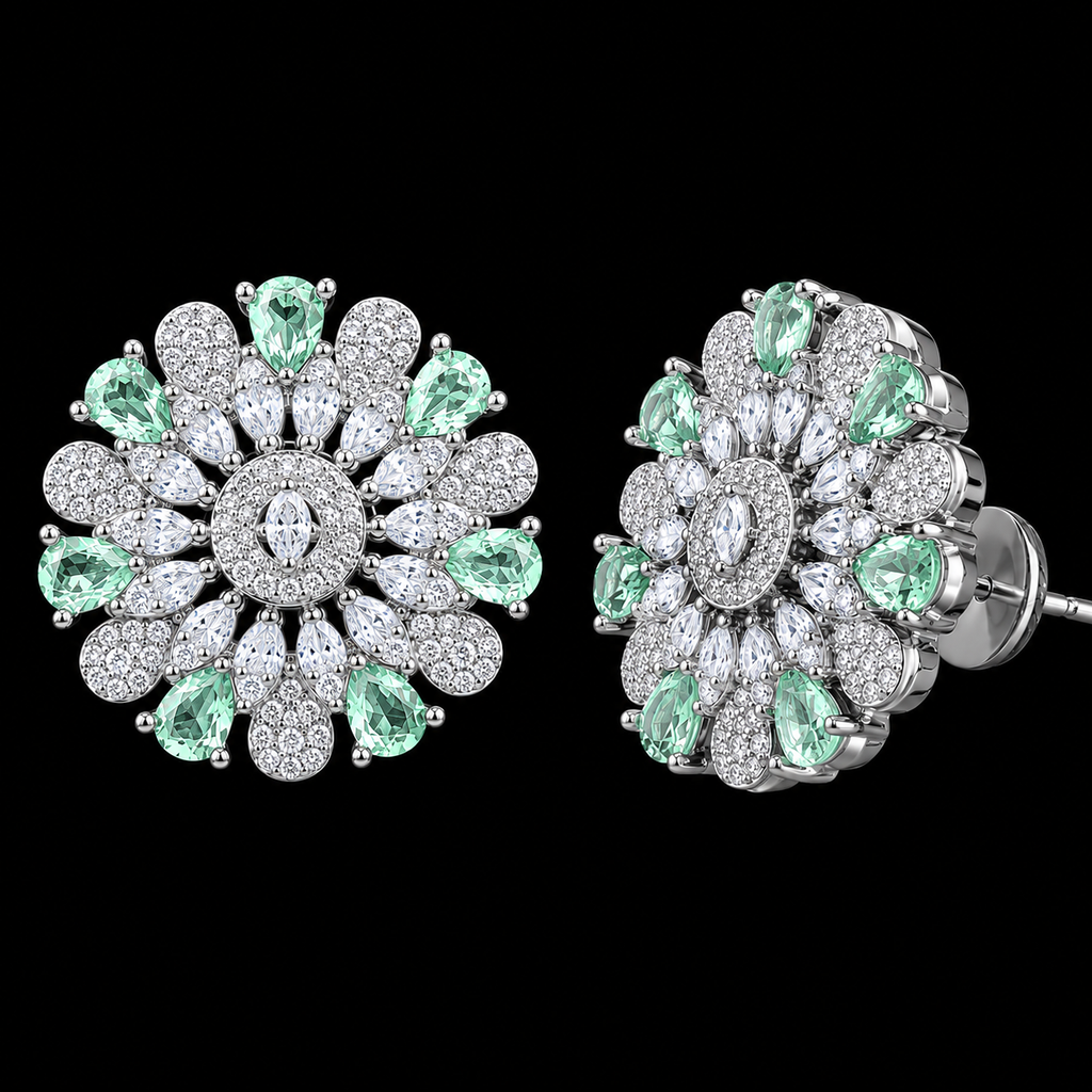 Silver Rhodium Mint Green CZ Sunburst Stud Earrings – Luxury Round Sunflower Tops | أقراط زركون دائرية خضراء