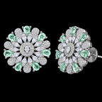 Silver Rhodium Mint Green CZ Sunburst Stud Earrings – Luxury Round Sunflower Tops | أقراط زركون دائرية خضراء
