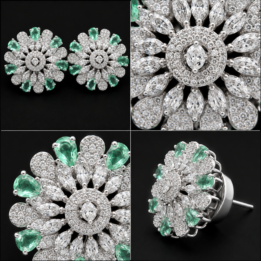 Silver Rhodium Mint Green CZ Sunburst Stud Earrings – Luxury Round Sunflower Tops | أقراط زركون دائرية خضراء