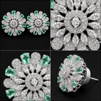 Silver Rhodium Mint Green CZ Sunburst Stud Earrings – Luxury Round Sunflower Tops | أقراط زركون دائرية خضراء