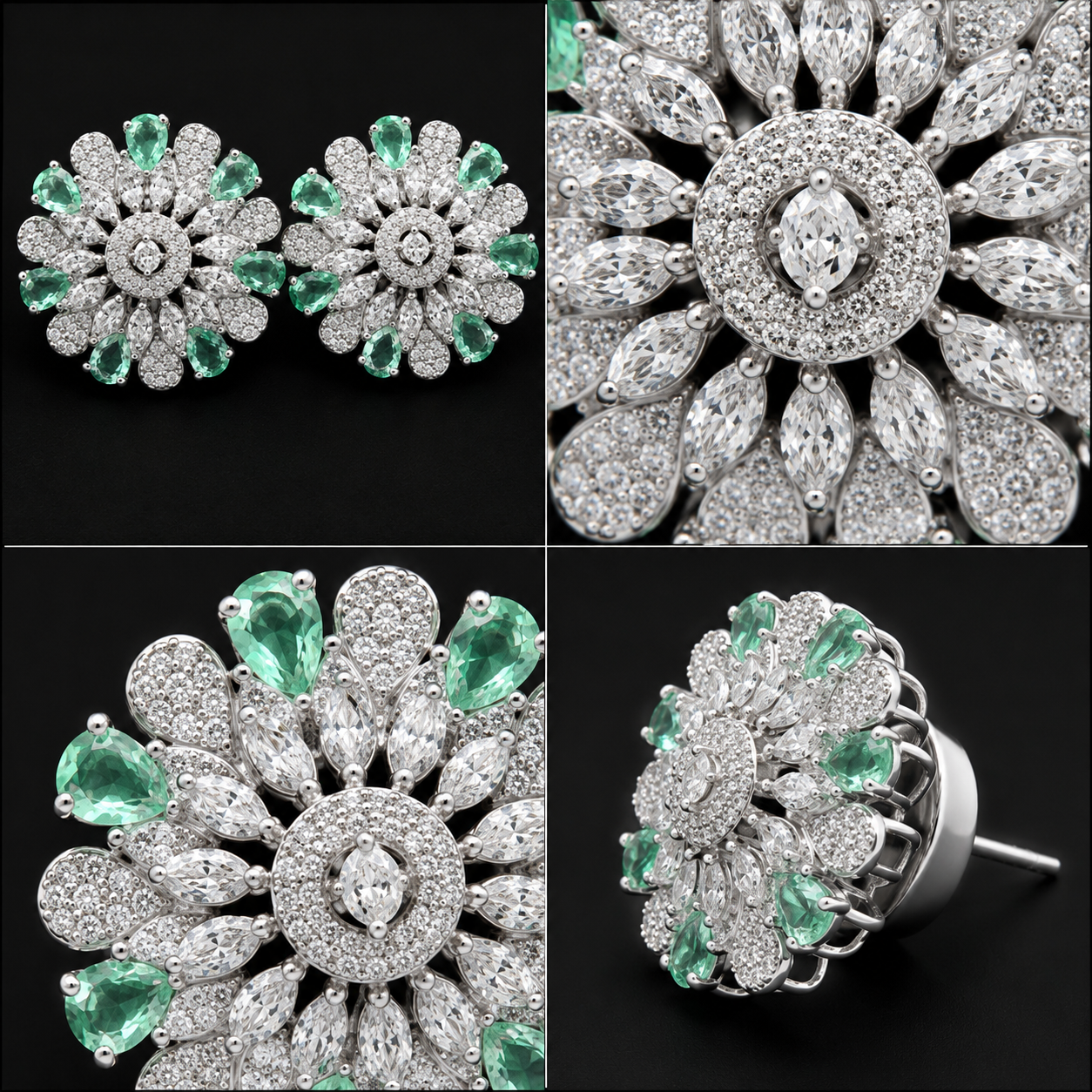 Silver Rhodium Mint Green CZ Sunburst Stud Earrings – Luxury Round Sunflower Tops | أقراط زركون دائرية خضراء
