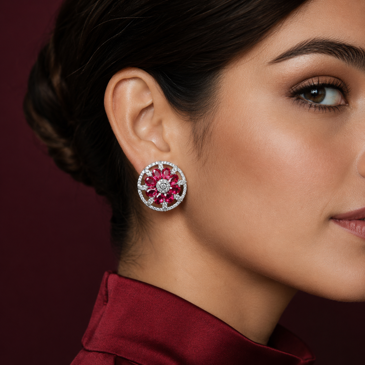 Silver-Plated Ruby Red CZ Floral Wheel Stud Earrings – Luxury Geometric Statement Tops | أقراط زركون حمراء فاخرة