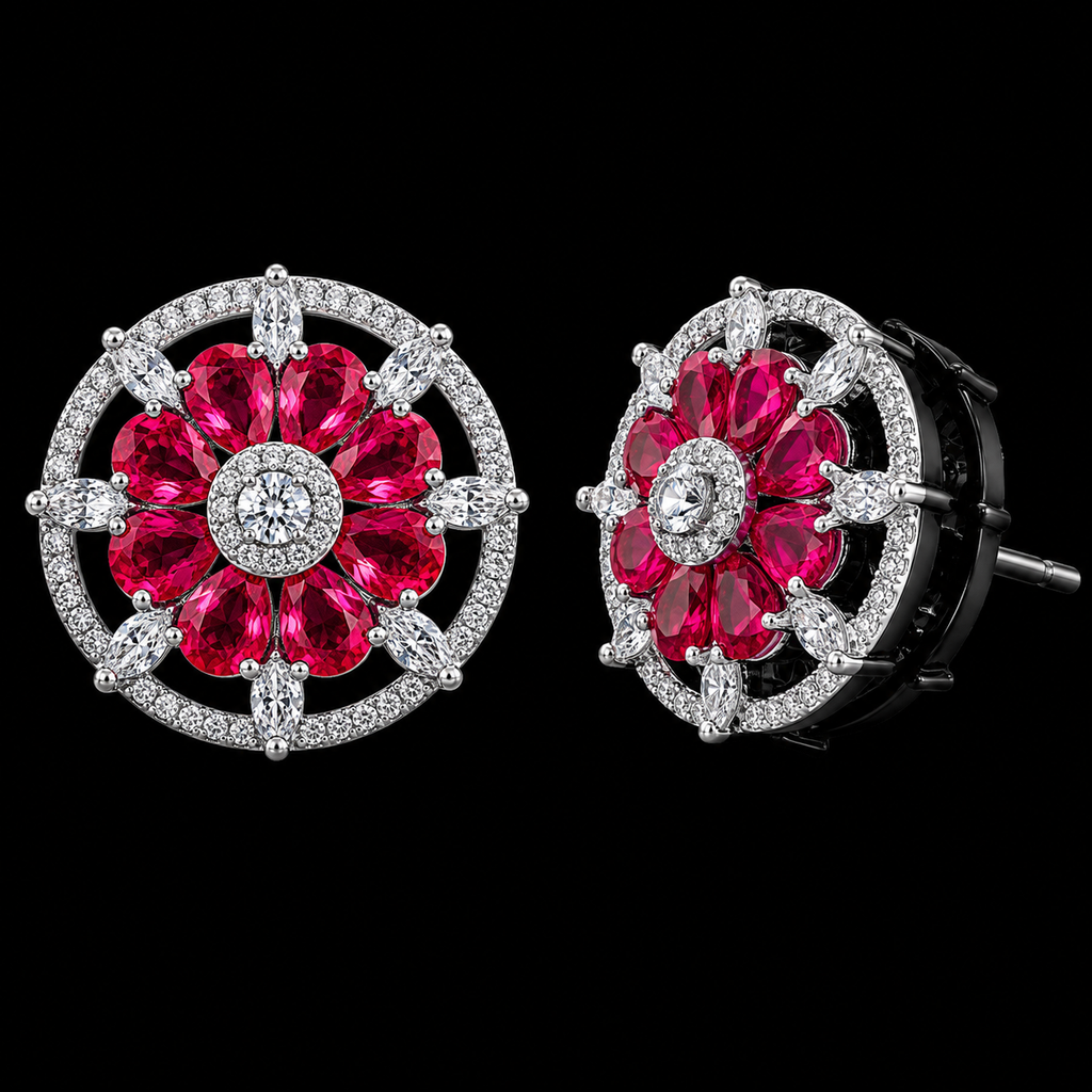 Silver-Plated Ruby Red CZ Floral Wheel Stud Earrings – Luxury Geometric Statement Tops | أقراط زركون حمراء فاخرة