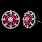 Silver-Plated Ruby Red CZ Floral Wheel Stud Earrings – Luxury Geometric Statement Tops | أقراط زركون حمراء فاخرة