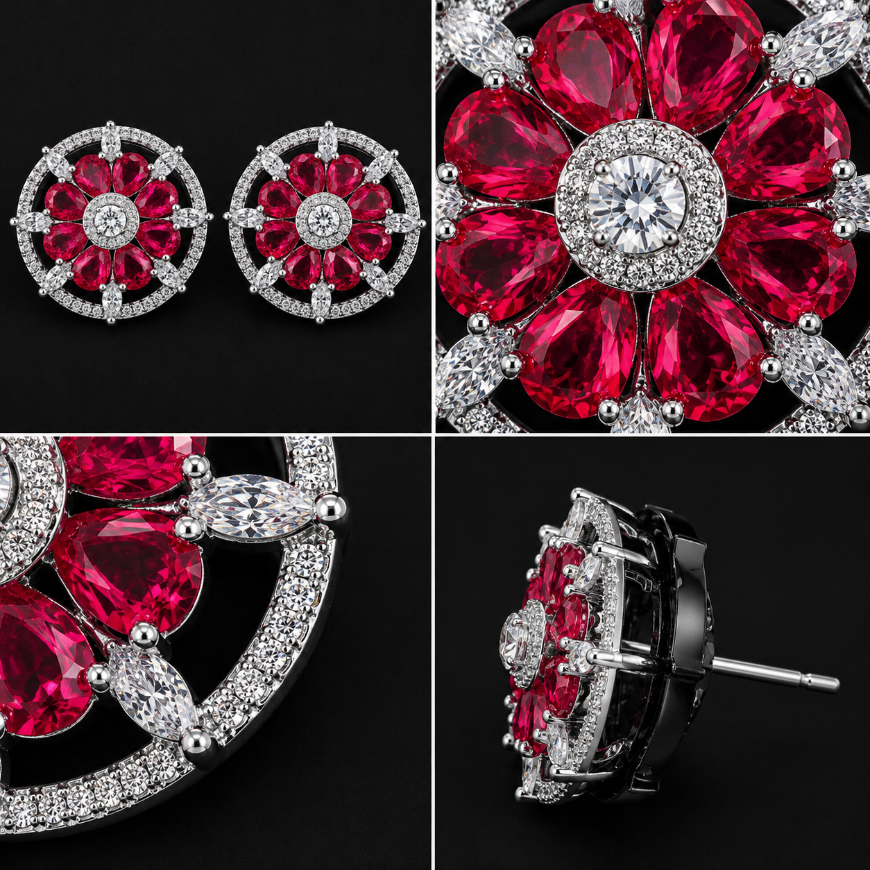 Silver-Plated Ruby Red CZ Floral Wheel Stud Earrings – Luxury Geometric Statement Tops | أقراط زركون حمراء فاخرة