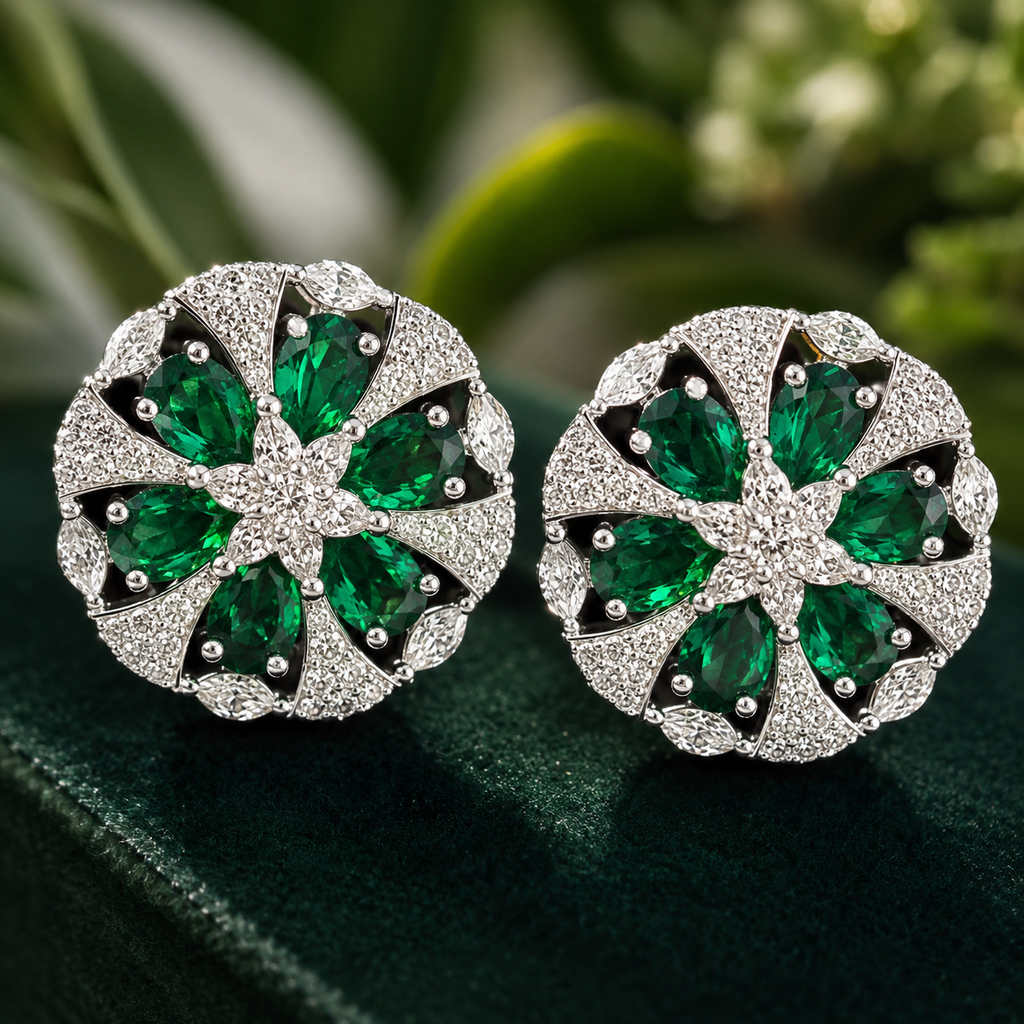 Manruya Premium Silver-Plated Mint Green CZ Floral Stud Earrings – Luxury Wheel Statement Tops | أقراط زركون خضراء فاخرة