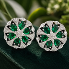 Manruya Premium Silver-Plated Mint Green CZ Floral Stud Earrings – Luxury Wheel Statement Tops | أقراط زركون خضراء فاخرة