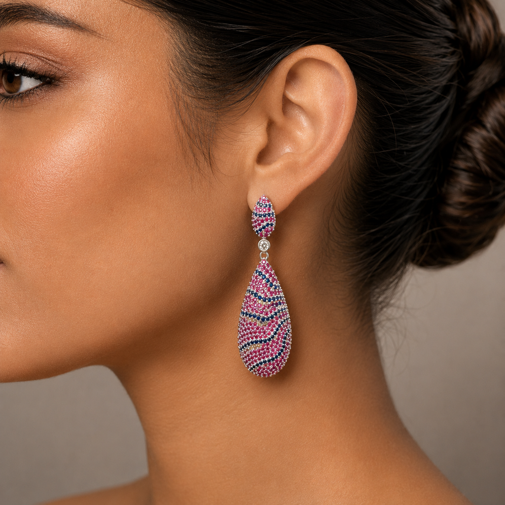 Manruya Pink Ruby & Sapphire Wave Pavé Drop Earrings - أقراط الموزاييك الفاخرة