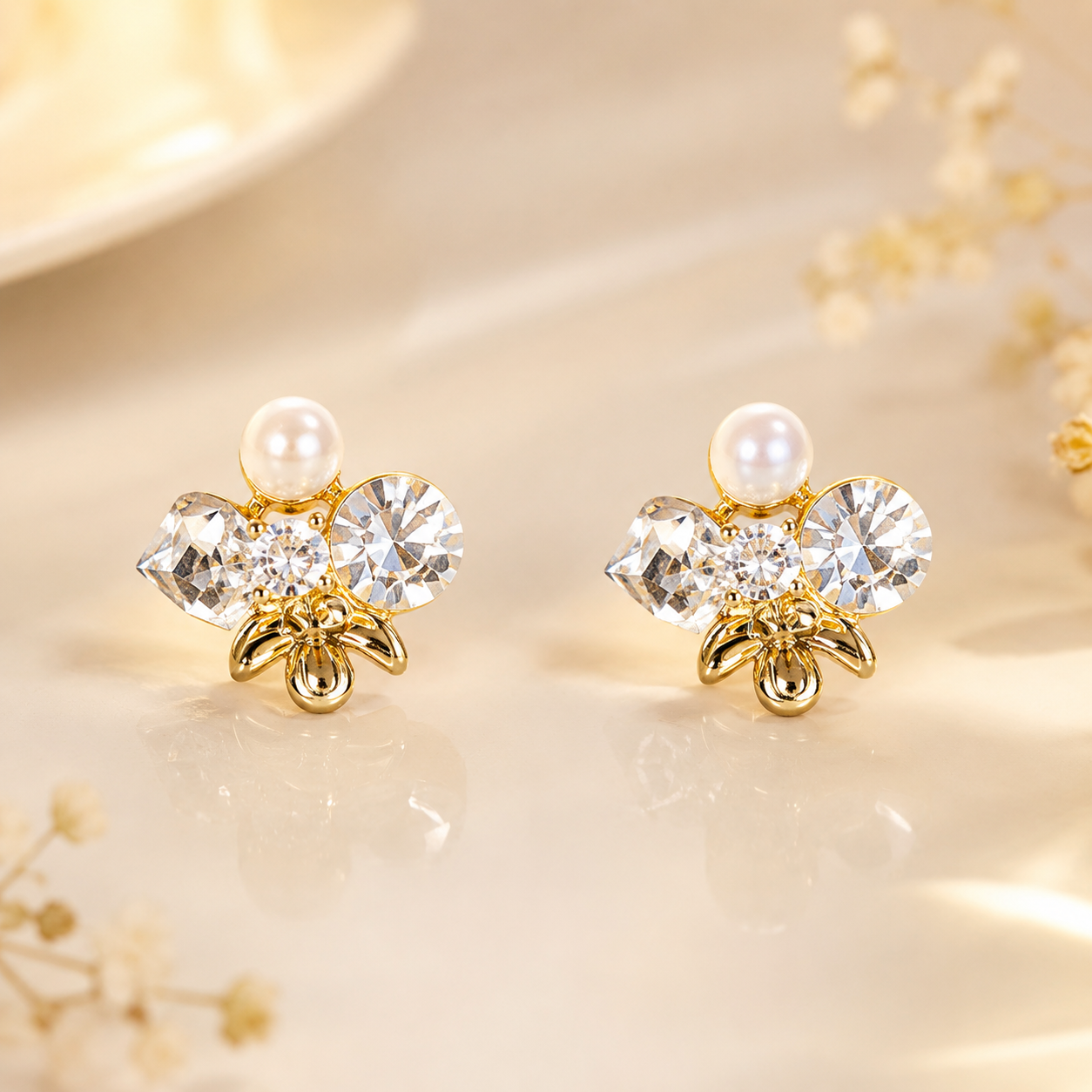 Gold Pearl & Crystal Stud Earrings for Women | أقراط لؤلؤ وكريستال ذهبية للنساء