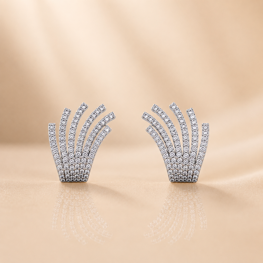 Silver Zircon Fan Design Earrings for Women | أقراط فضية بتصميم عصري مرصع بالزركون للنساء