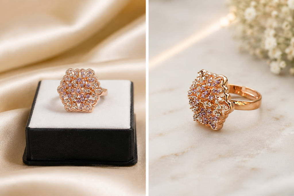 Rose Gold Purple CZ Floral Statement Ring for Women | خاتم زهري فاخر بحجر بنفسجي CZ للنساء