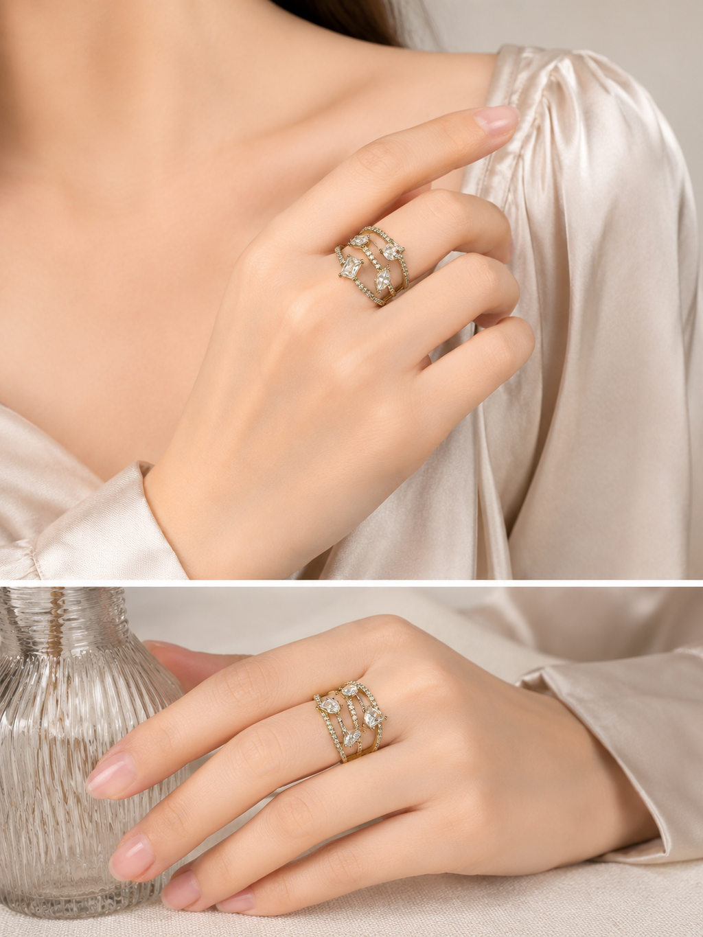Victorian Clear Stone Multi-Ring Statement Ring for Women | خاتم فيكتوري متعدد الحلقات بحجر شفاف