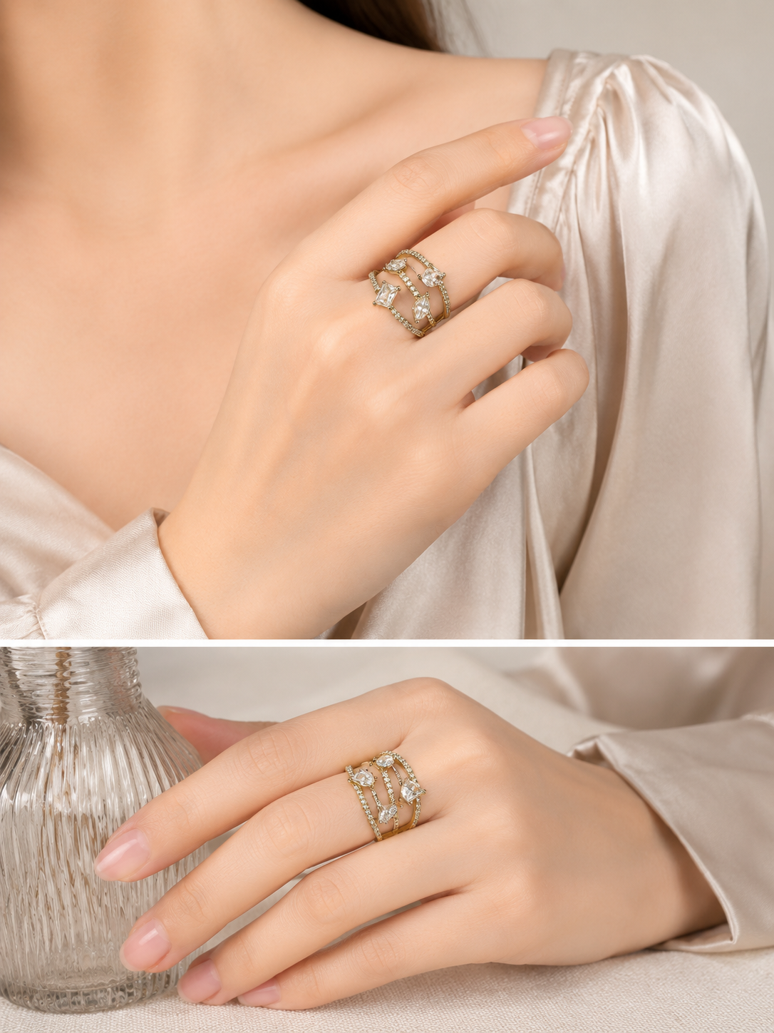 Victorian Clear Stone Multi-Ring Statement Ring for Women | خاتم فيكتوري متعدد الحلقات بحجر شفاف