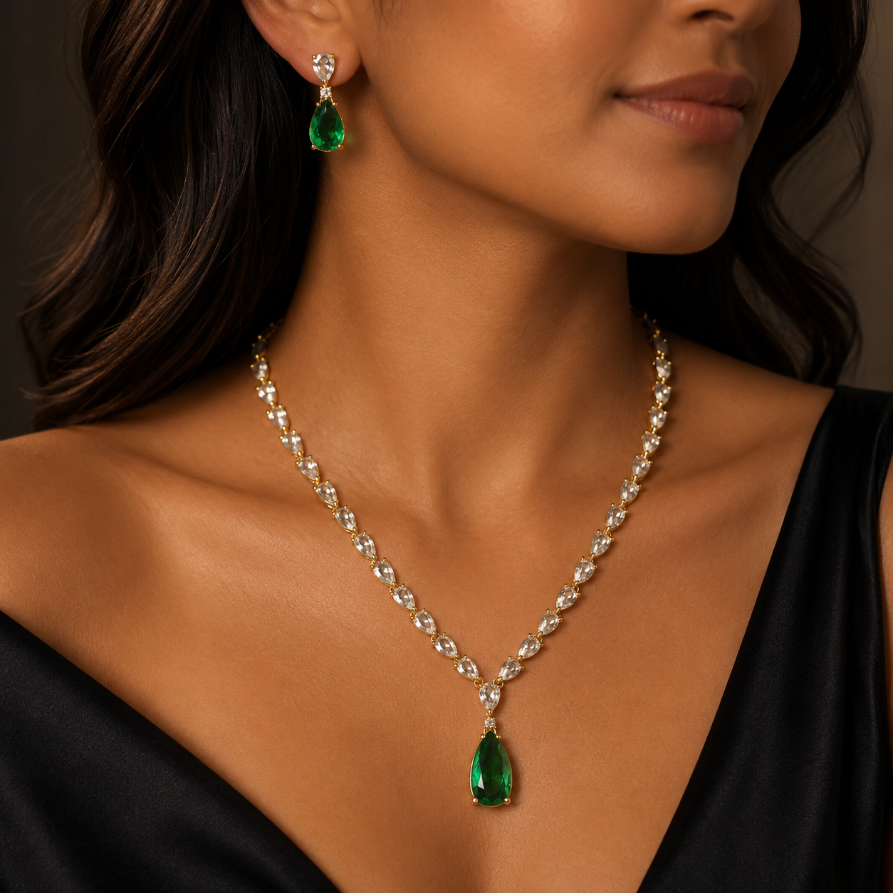 Emerald Green Teardrop Necklace & Earring Set for Women | طقم عقد وأقراط أخضر فاخر للنساء