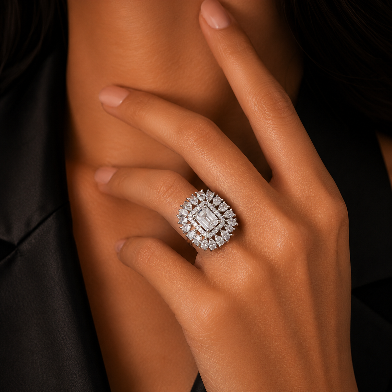 Silver Emerald Cut CZ Halo Statement Ring for Women | خاتم فضي فاخر بحجر زمردي ولمسات CZ