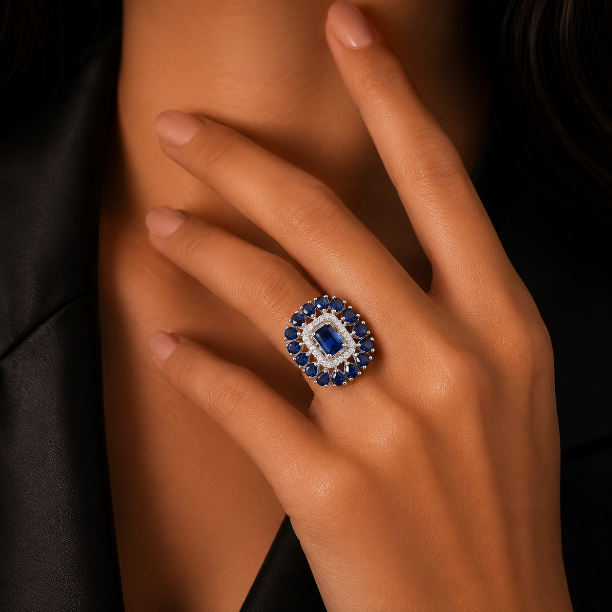 Silver Blue Sapphire CZ Halo Statement Ring for Women | خاتم فضي فاخر بحجر أزرق وتصميم هالة