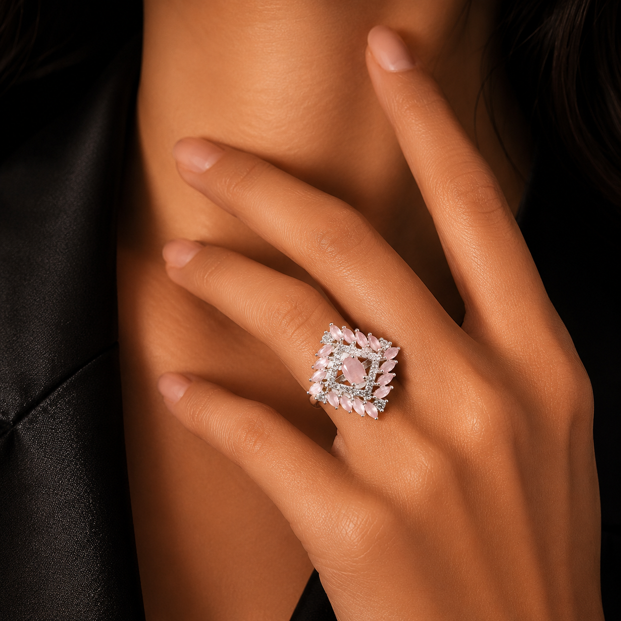 Silver Pink Stone Geometric Statement Ring for Women | خاتم فضي بحجر وردي بتصميم هندسي فاخر