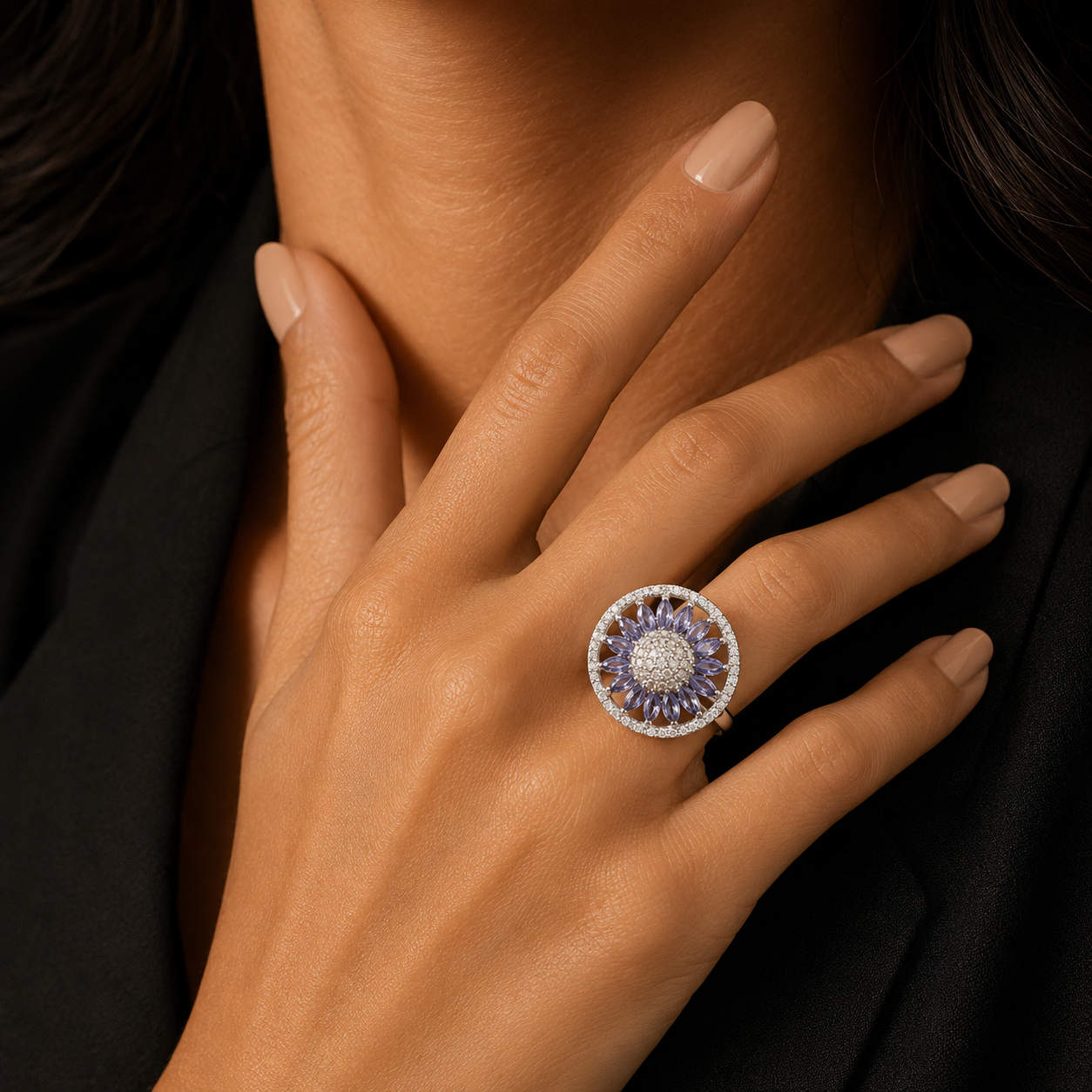 Silver Purple Floral CZ Statement Ring for Women | خاتم فضي زهري بنفسجي فاخر للنساء