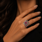 Silver Ruby Geometric Statement Ring for Women | خاتم فضي هندسي بحجر روبي أحمر