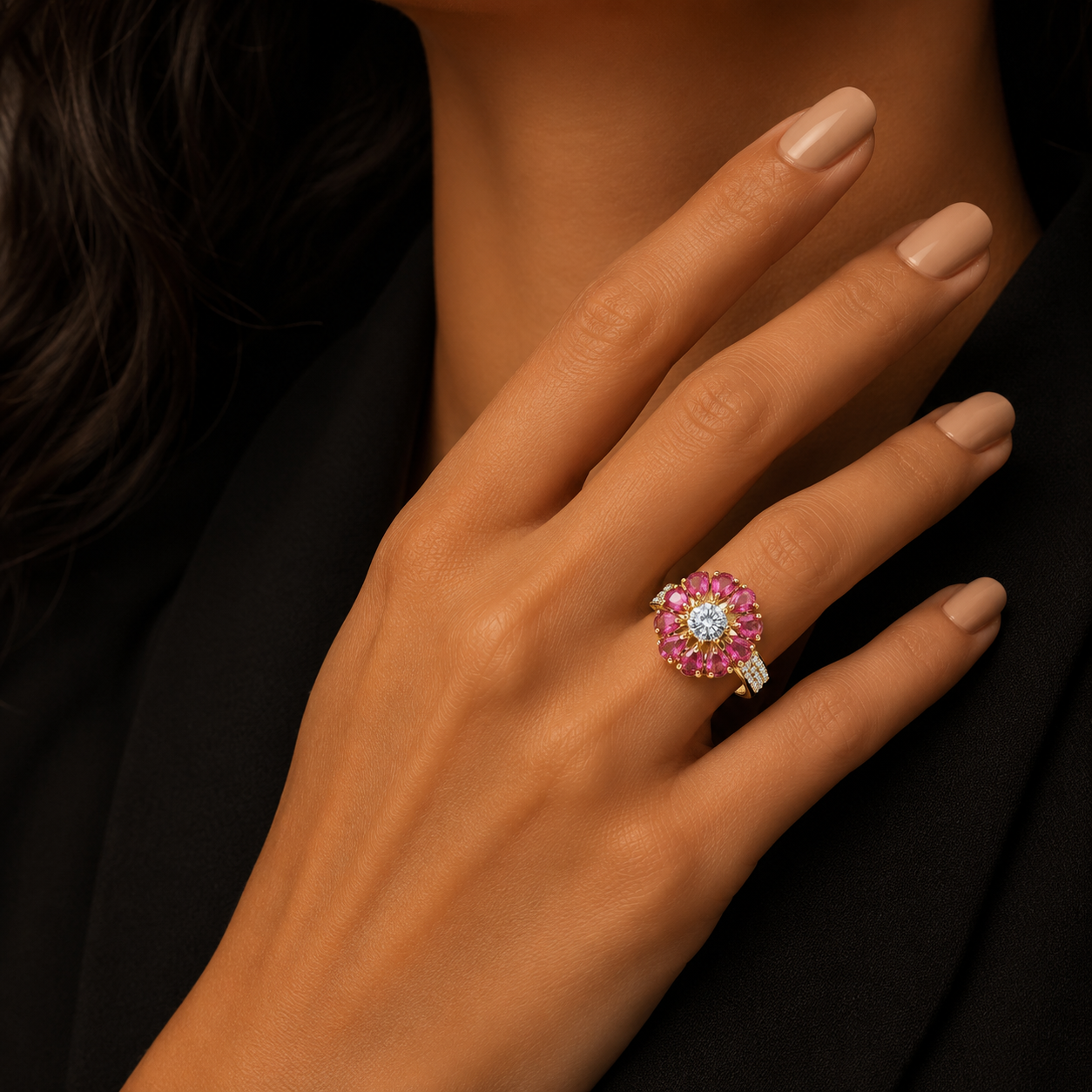 Victorian Ruby Floral CZ Statement Ring for Women | خاتم فيكتوري فاخر بحجر روبي وتصميم زهري