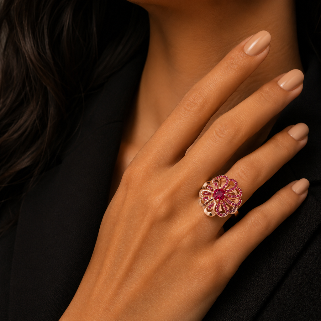 Rose Gold Floral Ruby Stone Statement Ring for Women | خاتم وردي فاخر بحجر روبي للنساء