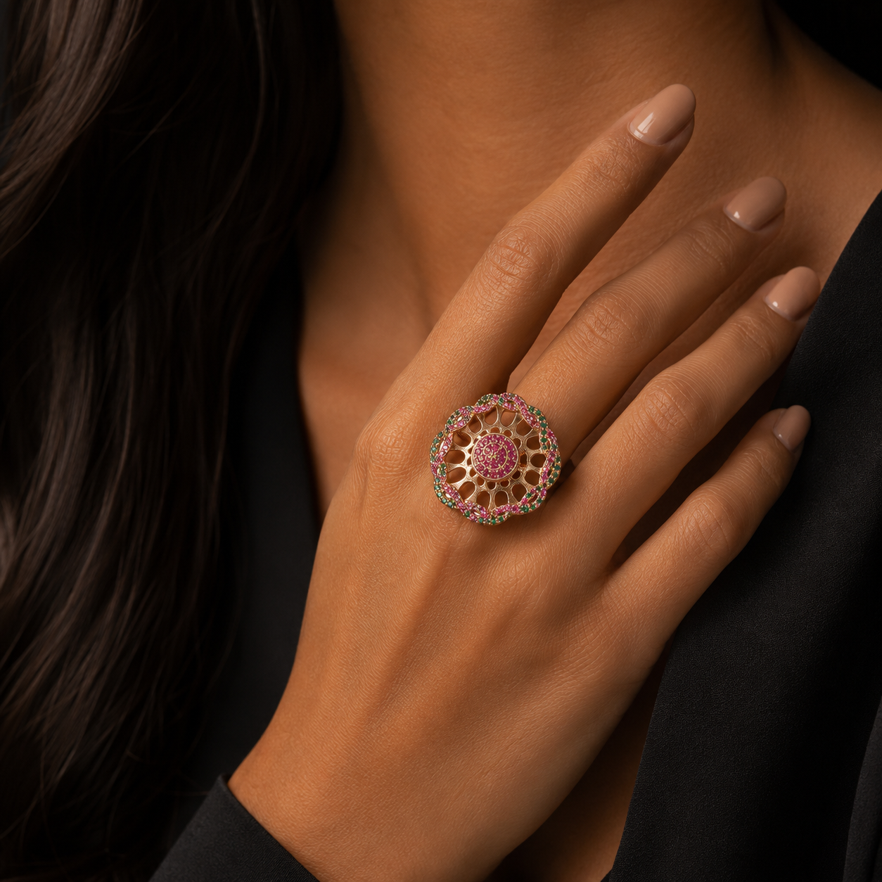 Rose Gold Pink & Green CZ Floral Statement Ring for Women | خاتم زهري فاخر بأحجار وردية وخضراء CZ للنساء