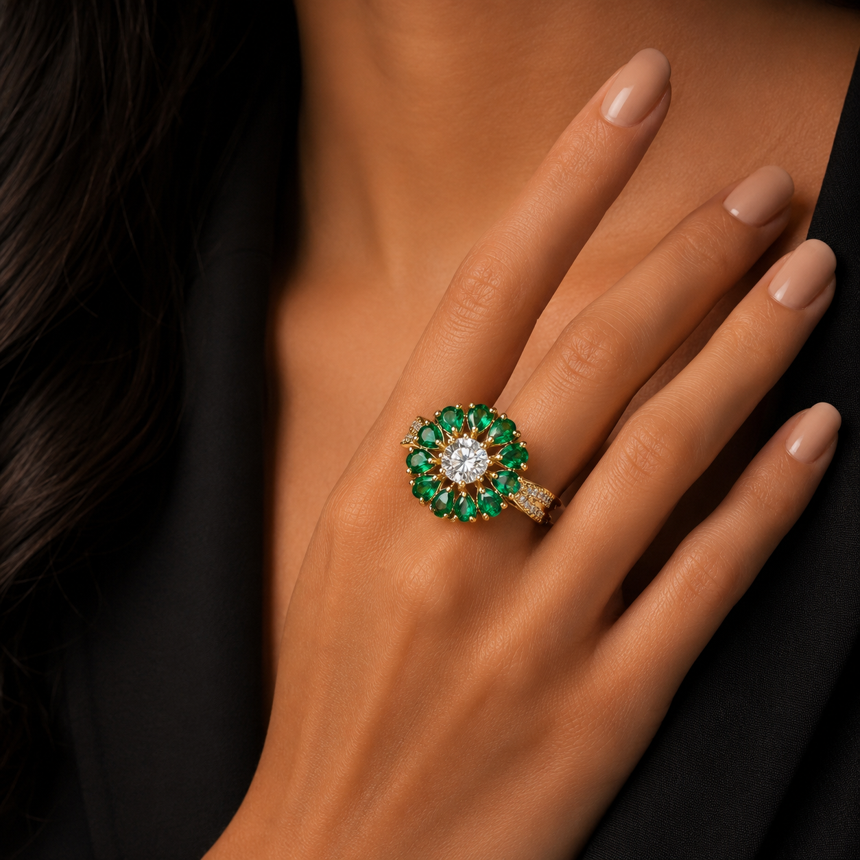 Emerald Floral Statement Ring for Women | خاتم زهري أخضر فاخر للنساء