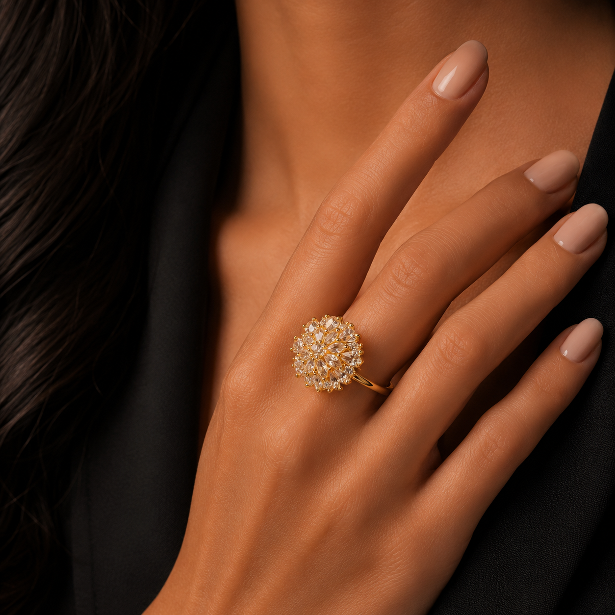 Golden Floral Crystal Statement Ring for Women | خاتم زهري ذهبي فاخر