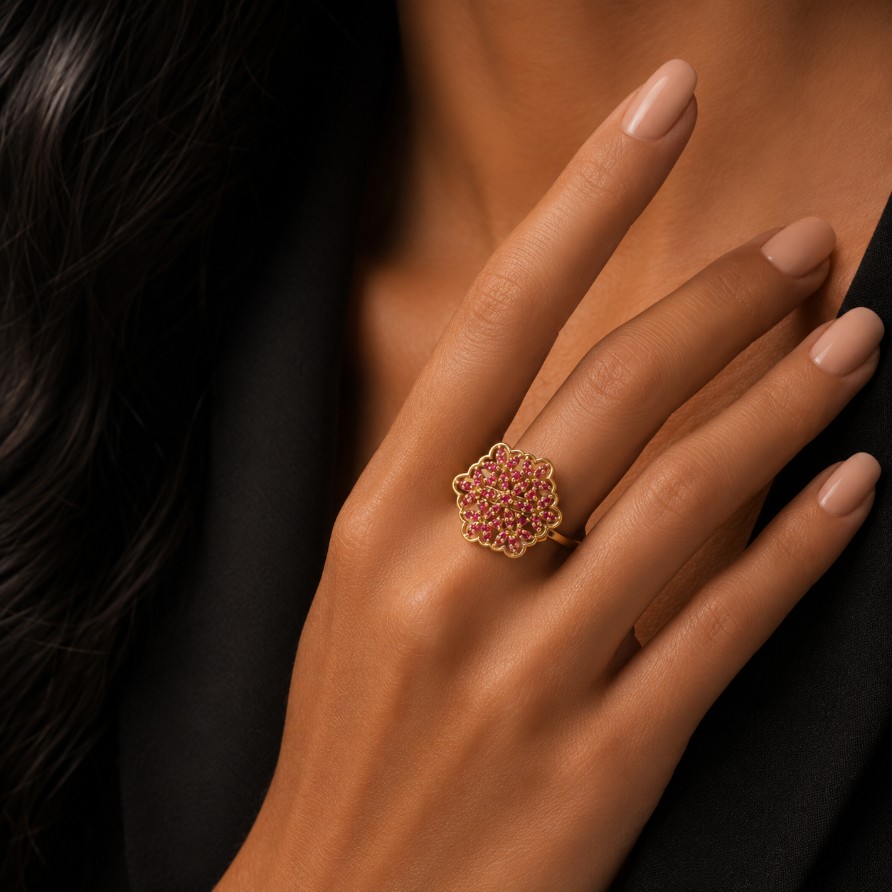 Victorian Ruby Floral Statement Ring for Women | خاتم فيكتوري مزهر بحجر روبي