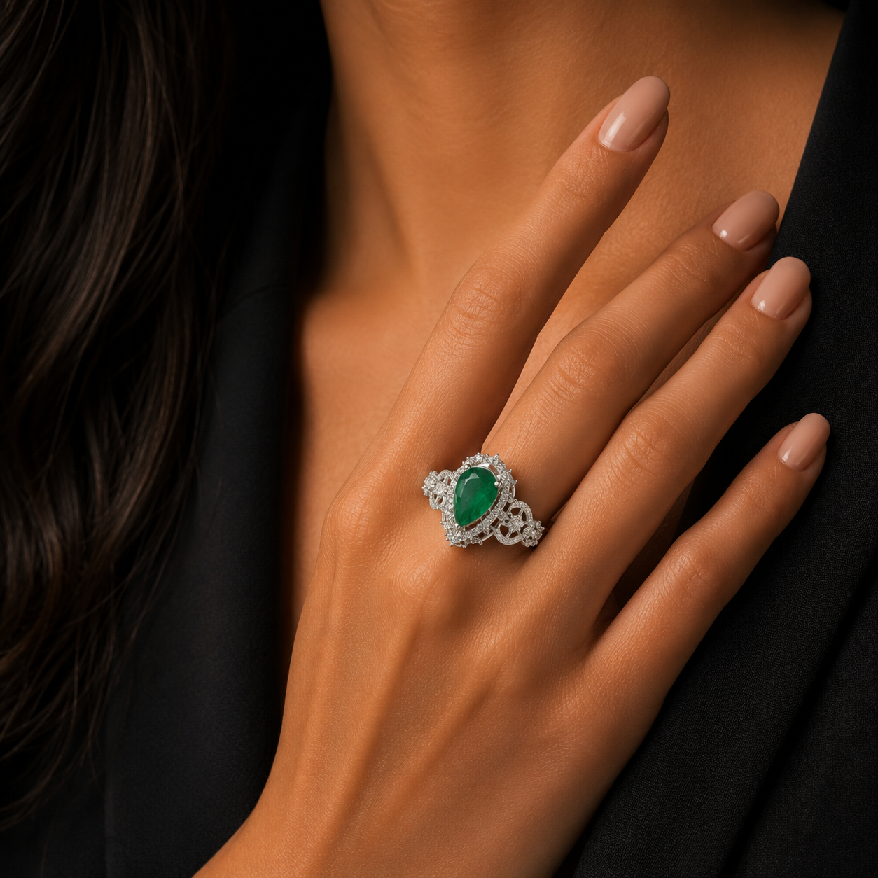 Emerald Teardrop Statement Ring for Women | خاتم زمرد أخضر فاخر للنساء