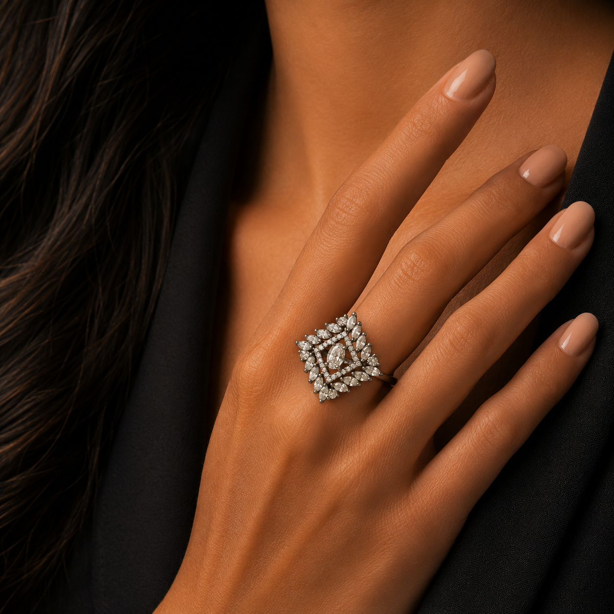Black Oxidized Crystal Statement Ring for Women | خاتم مؤكسد أسود مرصع بالكريستال
