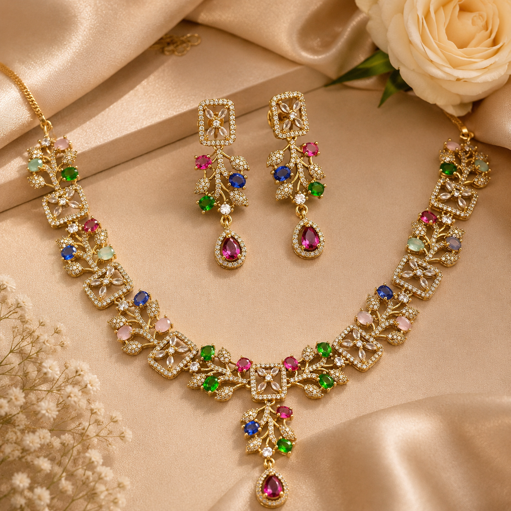 Luxury Multicolor Floral Necklace & Earring Set | طقم عقد وأقراط فاخر متعدد الألوان