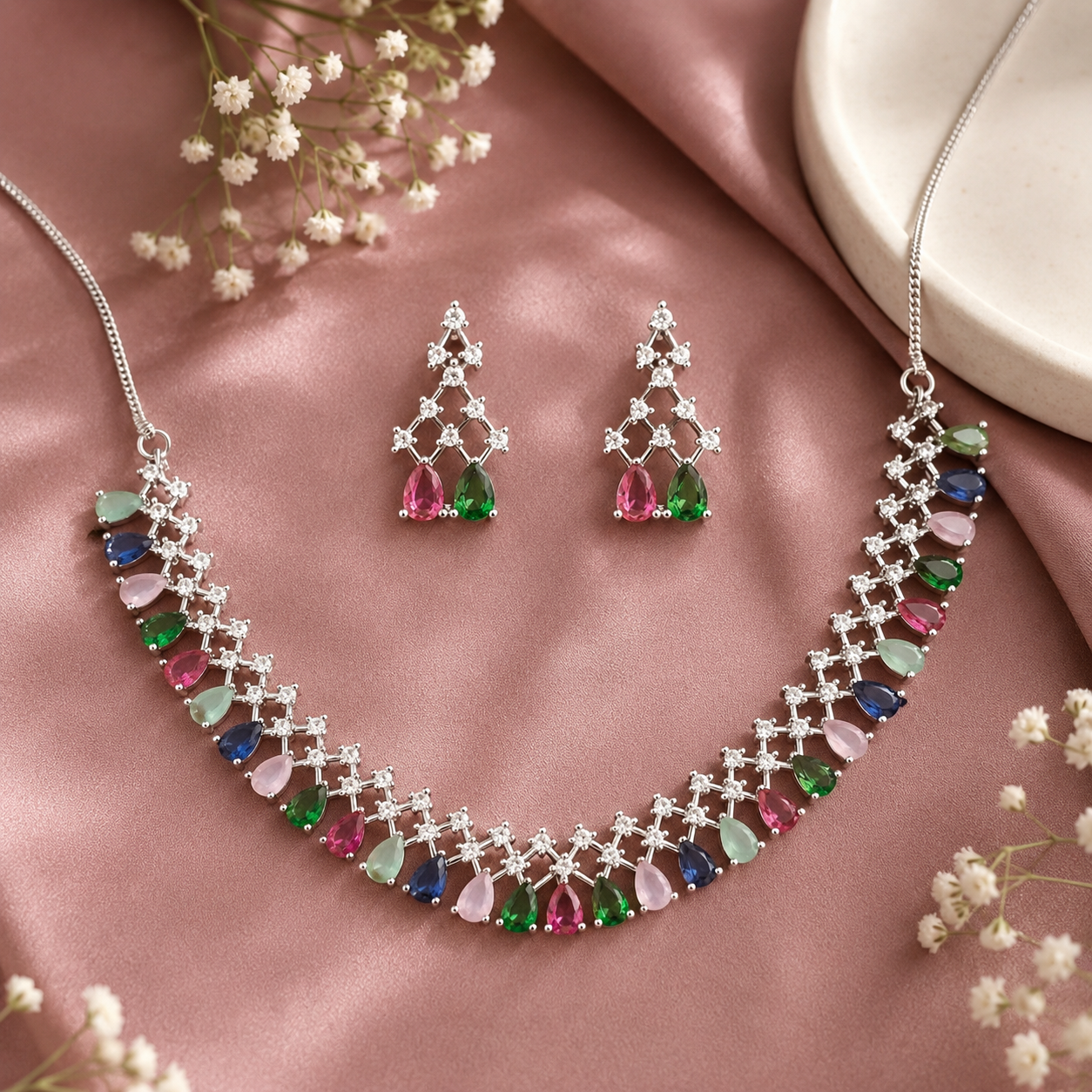 Luxury Multicolor Crystal Necklace & Earring Set for Women | طقم عقد وأقراط متعدد الألوان فاخر للنساء