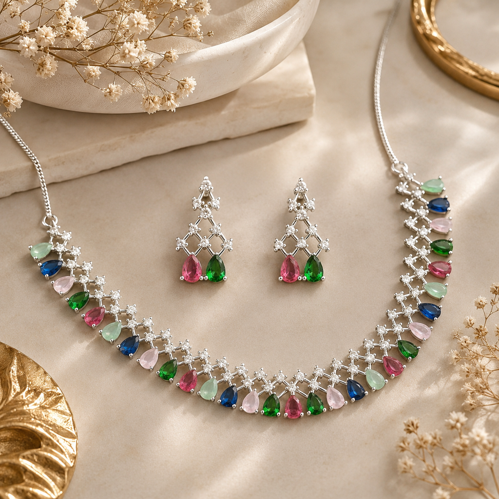 Luxury Multicolor Crystal Necklace & Earring Set for Women | طقم عقد وأقراط متعدد الألوان فاخر للنساء