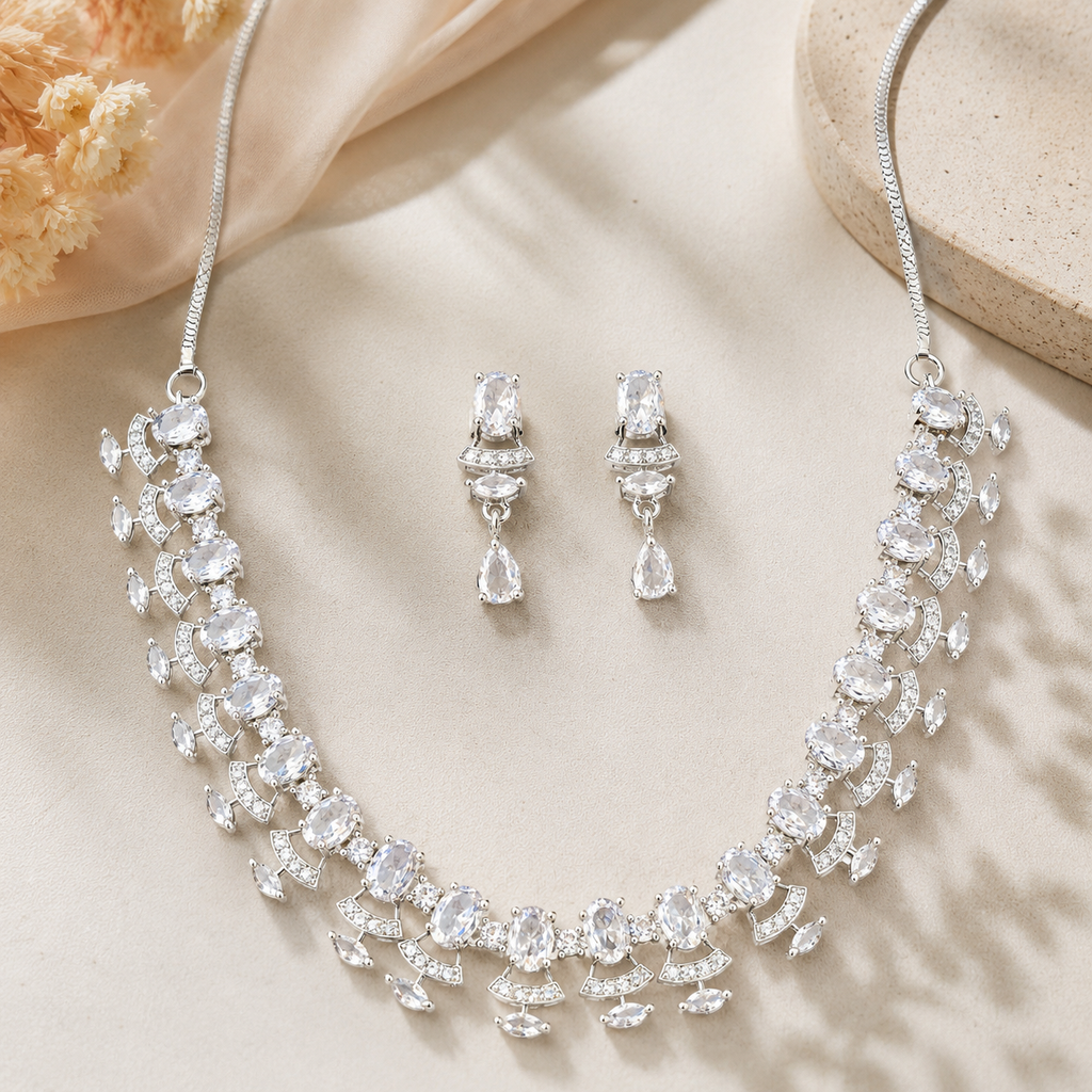Elegant Silver Crystal Necklace & Earring Set for Women | طقم عقد وأقراط كريستالي أنيق للنساء