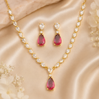 Victorian Gold Ruby Crystal Necklace & Earring Set for Women | طقم عقد وأقراط فيكتوري ذهبي بحجر روبي للنساء